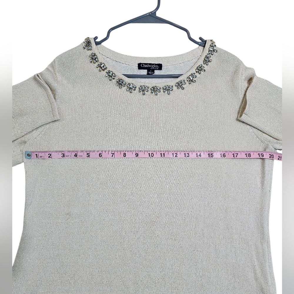 Chadwicks Beaded Neckline Metallic Knit Sweater Gold Shimmer Womens L Luxury 90s - Picture 5 of 7